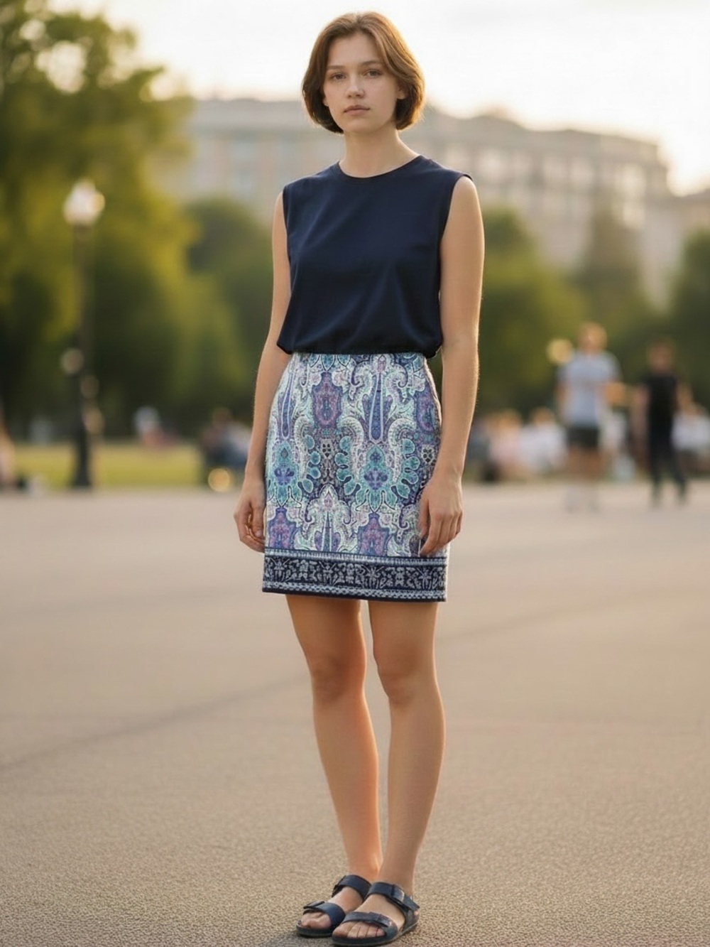 Talbots Summer Church Office A-Line Skirt Sz 12 Paisley Cotton-Blue/Lavender
